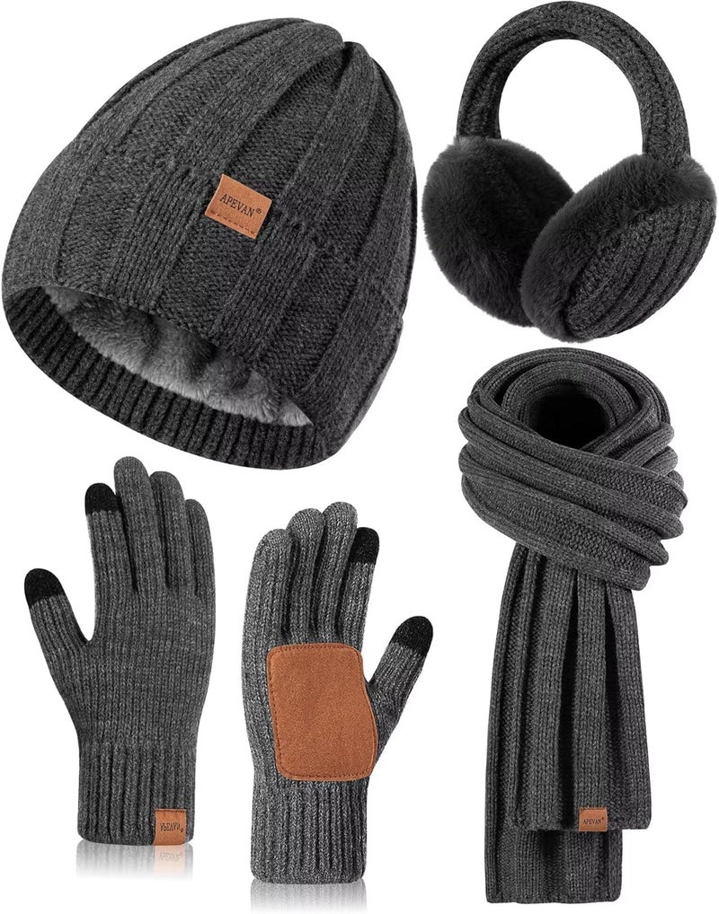 APEVAN Winter Hat Gloves Scarf Earmuffs Set for Women, Fleece Lined Beanie Long Scarf Touchscreen Gloves Ear Warmer, 4 in 1 Gift Set - Image 1